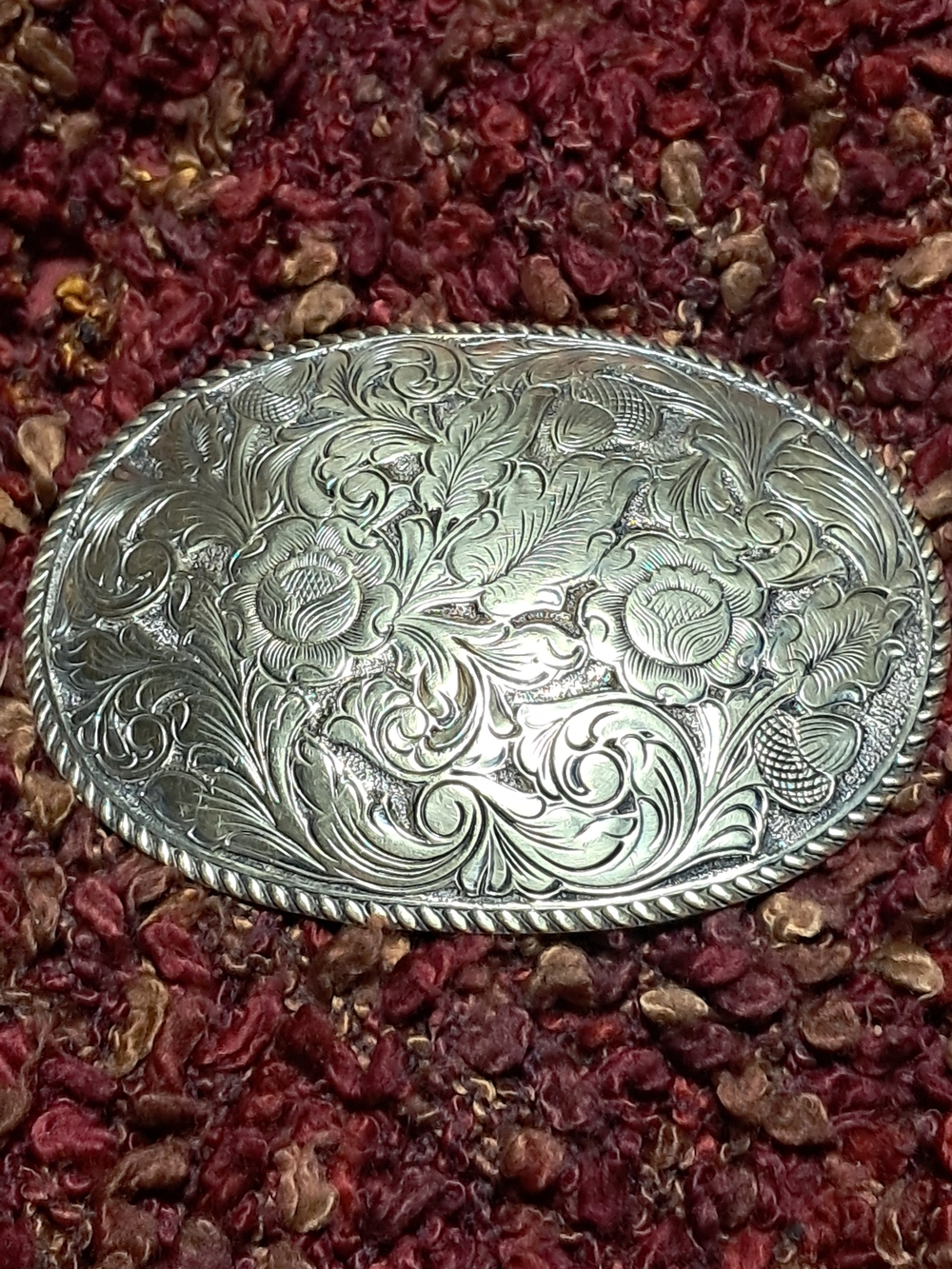 Vintage Engraved Bronze Oval Belt Buckle Crumrine
